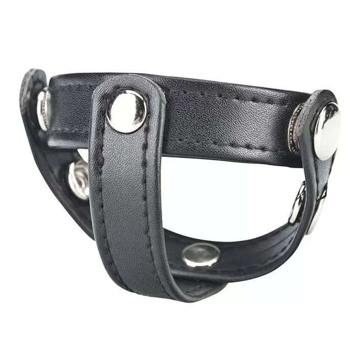 Кольцо на пенис с разделителем мошонки из искусственной кожи на клепках Blueline T-style Cock Ring - чёрный