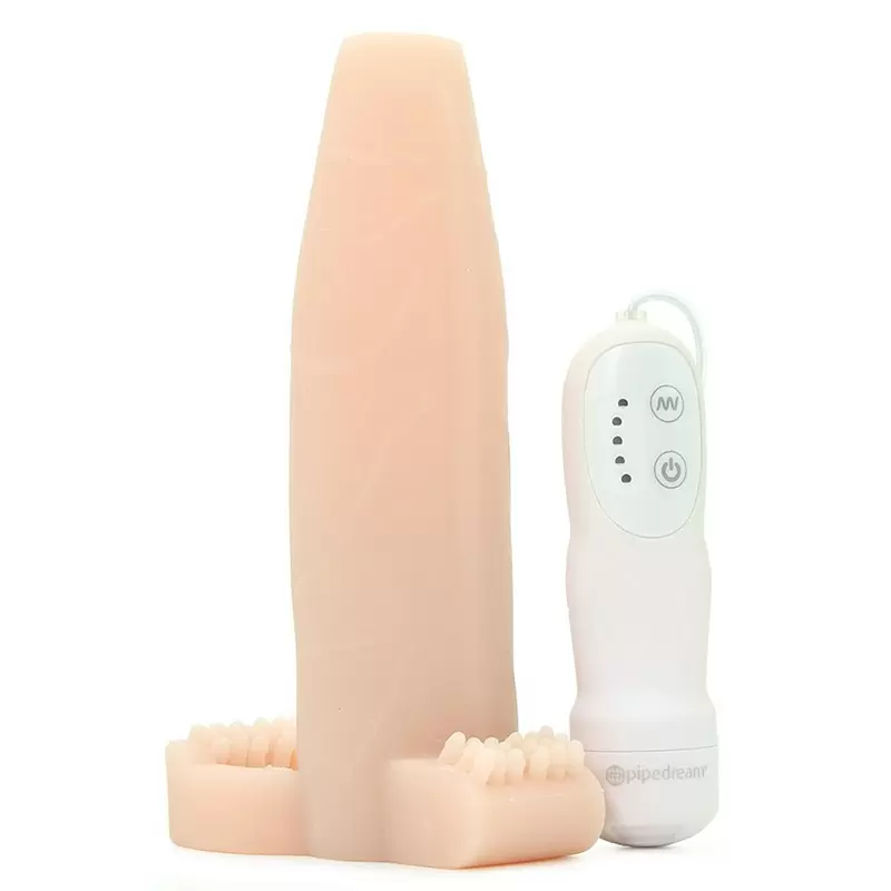 Насадка увеличитель Real Feel Twin Teazer с кольцом на мошонку и вибрацией – телесная	