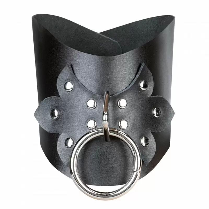 Широкий кожаный ошейник с декором и кольцом для поводка Leather Posture Collar – черный