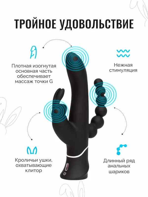 Тройной вибратор-кролик Happy Rabbit Triple, с анальным стимулятором, 22,9 см, черный