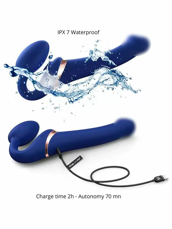 Анатомический страпон Strap-On-Me Multi Orgasm с 3 моторами, безремневой, размер M, синий