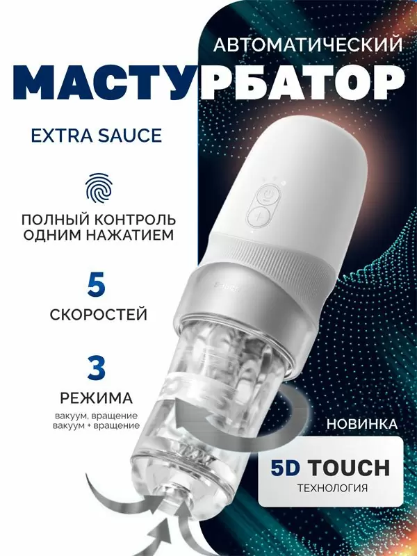 Автоматический мастурбатор Extra Sauce с функциями всасывания и вращения, 27,5 см, белый