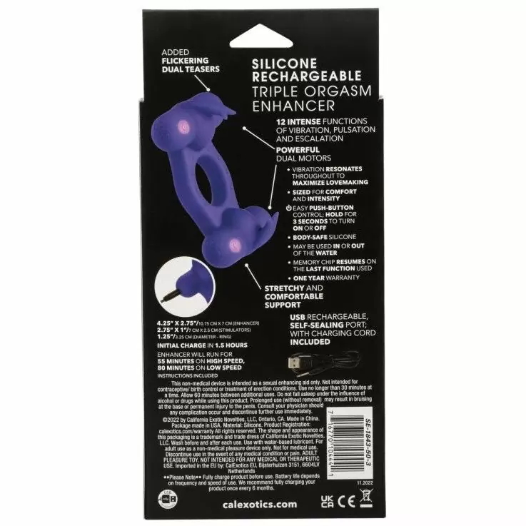 Перезаряжаемое эрекционное виброкольцо Silicone Rechargeable Triple Orgasm Enhancer, с двумя моторами, диаметр 3,25 см, фиолетовый