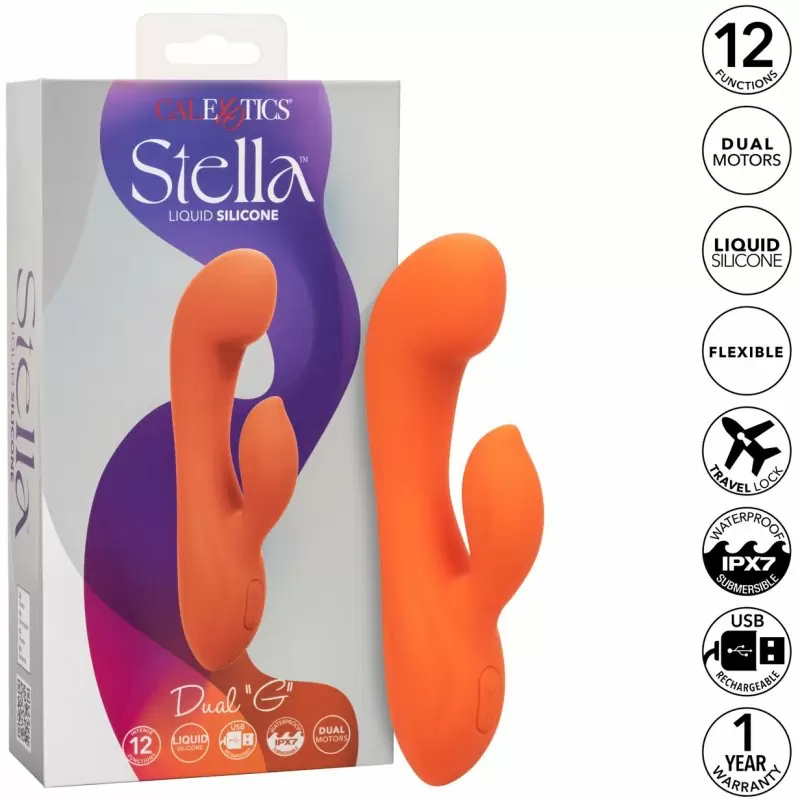 Изогнутый вибратор-кролик STELLA LIQUID SLCNE DUAL G, 17,8 см, силикон, оранжевый