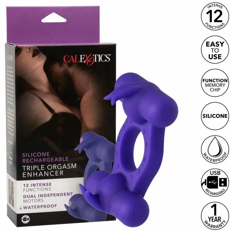Перезаряжаемое эрекционное виброкольцо Silicone Rechargeable Triple Orgasm Enhancer, с двумя моторами, диаметр 3,25 см, фиолетовый