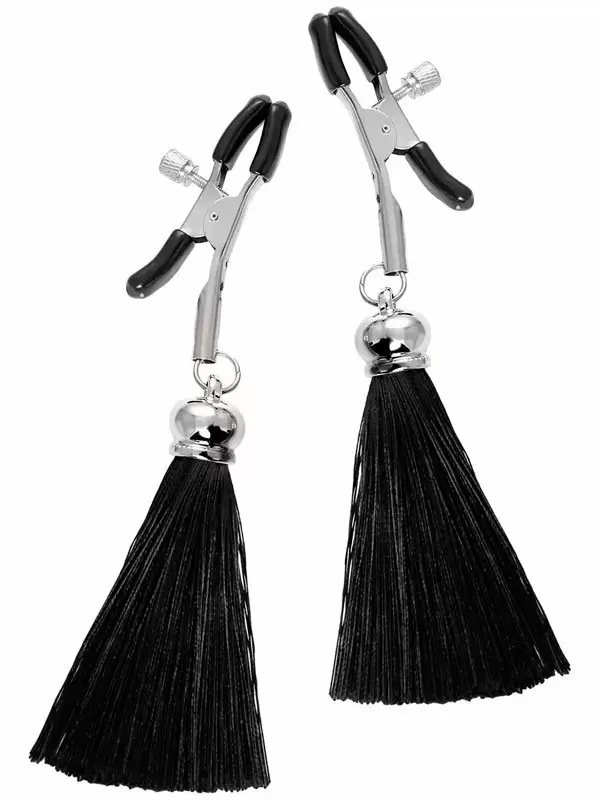 Зажимы на соски «Прищепки» Pecado BDSM — черные, с кисточками из шелка, металл