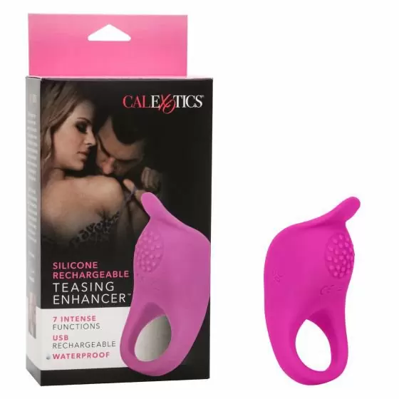 Ребристое эрекционное кольцо Silicone Rechargeable Teasing Enhancer, 9 см, 7 режимов, диаметр 3,75 см, розовый