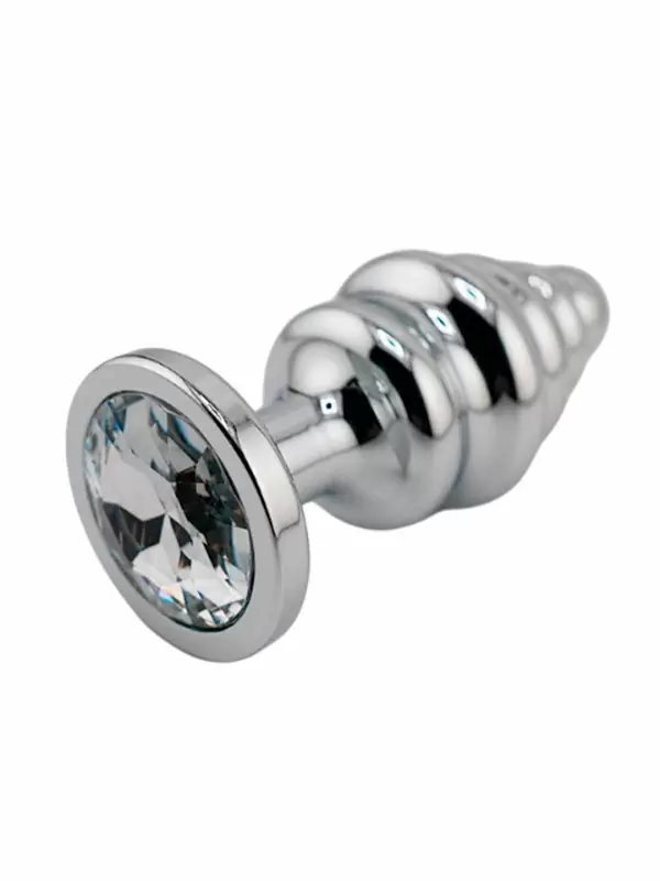 Серебряная ребристая анальная пробка с прозрачным кристаллом (Medium)