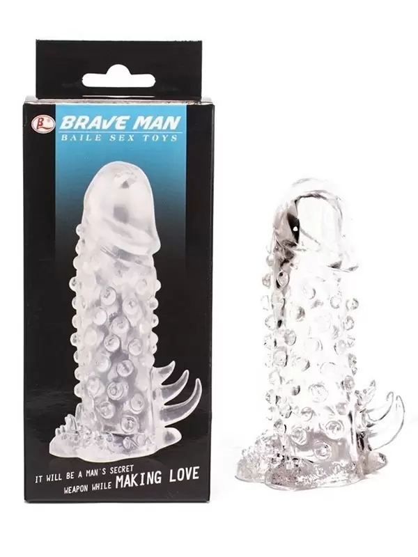 Насадка-удлинитель с закрытой головкой Brave Man с пупырышками и усиками – прозрачный