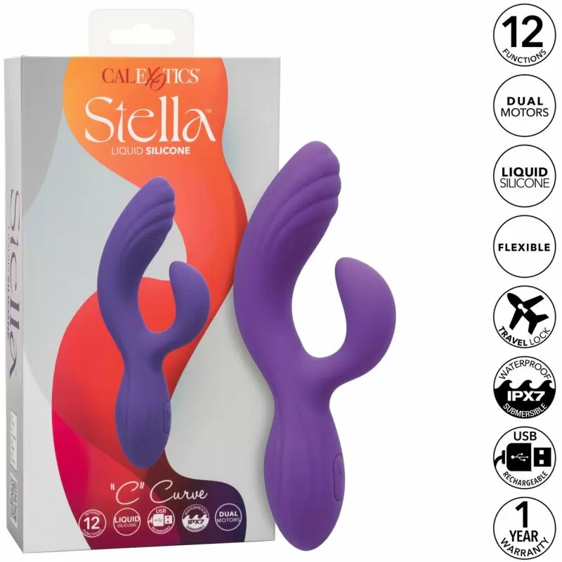 Рельефный вибратор-кролик STELLA LIQUID SLCNE DUAL CURVY, 19 см, силикон, фиолетовый