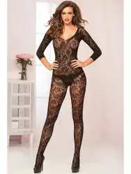 Кружевной кэтсьюит Seven’til Midnight с рукавами три четверти open-crotch – черный