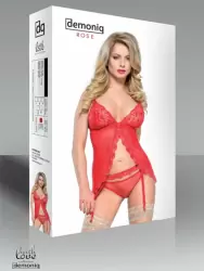 Сорочка с тонким поясом для чулок и трусиками Demoniq Rose красного цвета – S