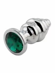 Серебряная ребристая анальная пробка темно-зеленым кристаллом (Medium)