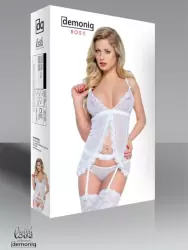 Сорочка с тонким поясом для чулок и трусиками Demoniq Rose белого цвета – S