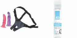 Женский набор:  Фаллопротез женский с двумя сменными насадками «Double Tip Strap-On Penis Dong» и Американский лубрикант на водной основе System JO - 30 мл.
