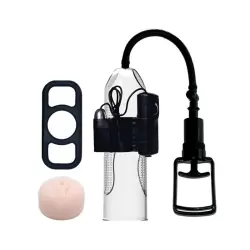 Вакуумная помпа Penis Enlargement System с насадкой-вагиной, эрекционным кольцом и вибропулей – прозрачный с черным