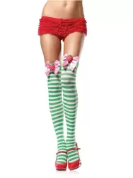 Чулки в полоску с клубничками (Temptlife) – зеленый с белым