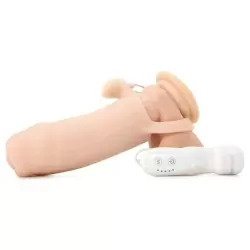 Насадка увеличитель Duo Clit Climax-Her с кольцом на мошонку, стимулятором клитора и вибрацией – телесная