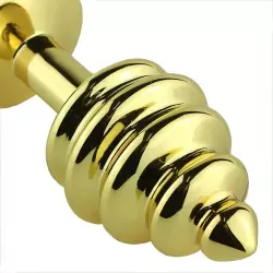 Маленькая анальная пробка Plug Gold ребристая с кристаллом – золотистый/красный