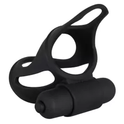 Открытая вибронасадка на пенис Black Velvets с кольцом под мошонку – черный