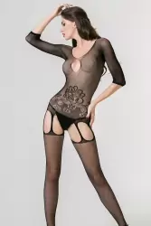 Закрытый кетсьюит-сетка с имитацией подвязок и доступом Femme Fatale - черный