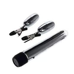 Набор для пар NippleClamps: классический вибратор и зажимы для сосков с вибрацией – серебристый с черным