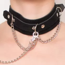 Ошейник из натуральной замши Kenzi Neck с металлическим поводком - черный