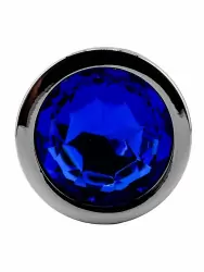 Серебряная ребристая анальная пробка с темно-синим кристаллом (Medium)