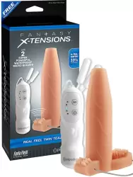 Насадка увеличитель Real Feel Twin Teazer с кольцом на мошонку и вибрацией – телесная	