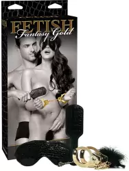 Набор Beginner's Fantasy Kit из наручников, пуховки, маски и шлепалки – черный с золотом	