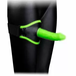 Страпон с креплением на ногу Shots toys, 14,5 см, люминесцентный, силикон, зеленый с черным