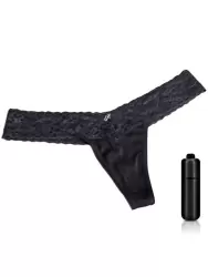Кружевные трусики-тонг с вибрацией – черный, S/M