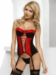 Чувственный красно-черный корсаж с перекрестной лентой и трусики-стринги Avanua Tiffany – S/M