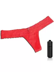 Кружевные трусики-тонг с вибрацией – красный, S/M