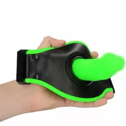 Страпон с креплением на ногу Shots toys, 14,5 см, люминесцентный, силикон, зеленый с черным