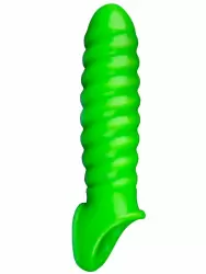 Ребристая насадка-удлинитель Shots toys Ouch!, фиксация на мошонке, люминисцентная, 15,5 см