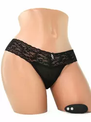 Кружевные трусики-тонг с вибрацией на радиопульте – черный, S/M