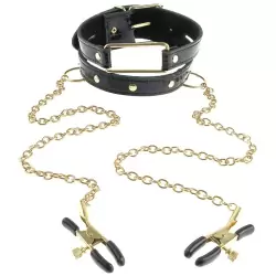 Ошейник Fetish Fantasy Gold с зажимами на соски, черный с золотом