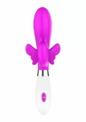 Изогнутый вибратор-кролик Alexios, 21 см, силикон, розовый с белым