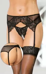 Кружевной пояс для чулок и стринги с разрезом Softland черного цвета – S/M