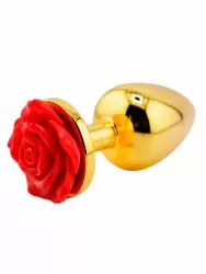 Золотая анальная пробка с ограничителем в форме красной розы, размер L, Kanikule