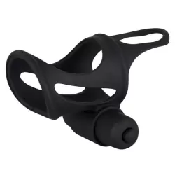 Открытая вибронасадка на пенис Black Velvets с кольцом под мошонку – черный
