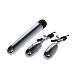 Набор для пар NippleClamps: классический вибратор и зажимы для сосков с вибрацией – серебристый с черным