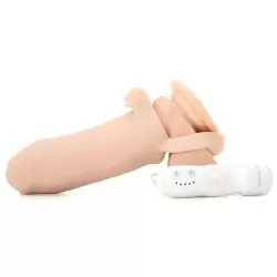 Насадка увеличитель Real Feel Twin Teazer с кольцом на мошонку и вибрацией – телесная	