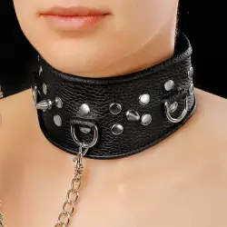 Широкий кожаный ошейник с шипами Sitabella с поводком – черный