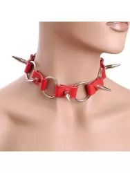 Кожаный ошейник Sitabella с кольцами и шипами – красный