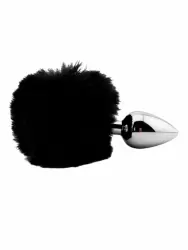 Анальная пробка Kanikule,серебристая с черным заячьим хвостиком, размер S