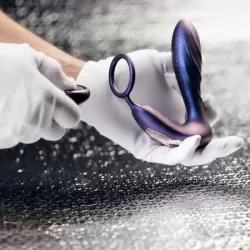 Ребристый стимулятор простаты EDC Black Hole, с эрекционным кольцом, с пультом Д/У, 14,3 см, фиолетовый