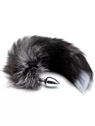 Металлическая анальная пробка Alive Black And White Fox Tail, 7 см, с пушистым хвостом, серебристый