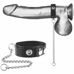 Кольцо на пенис из экокожи с поводком из металла Blueline Snap Cock Ring With 12 Leash – чёрный